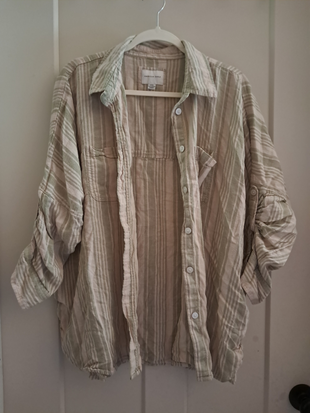 American Eagle Outfitters Striped Button-Up Shirt in Sage Green and Cream